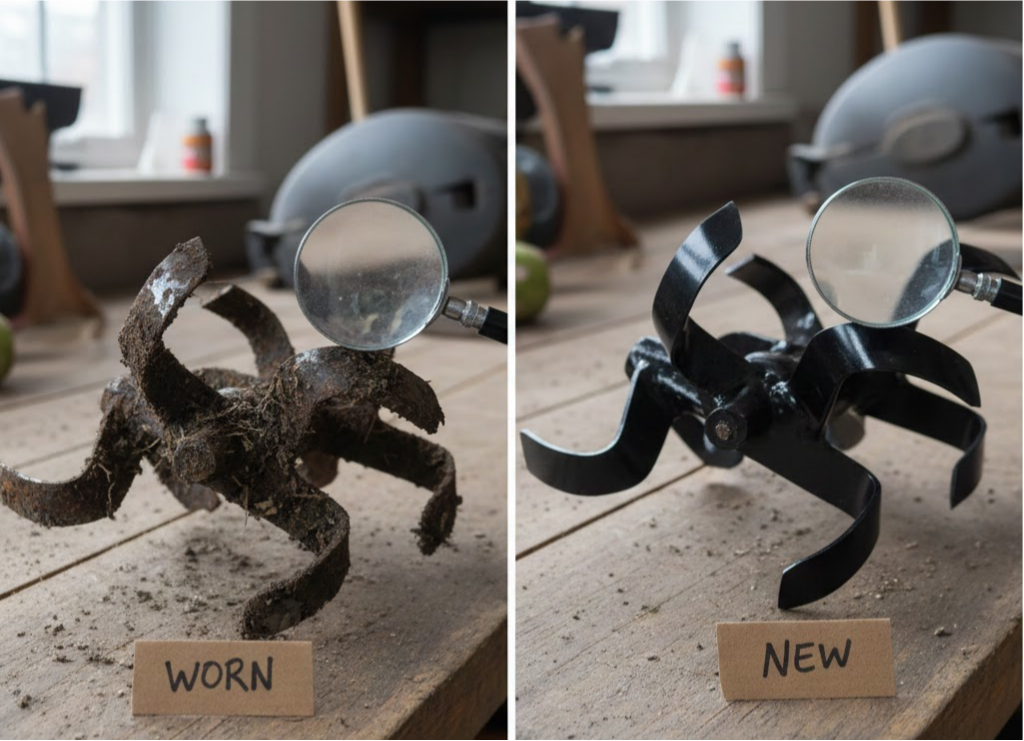 Comparison between worn and new tiller blades showing differences in blade sharpness