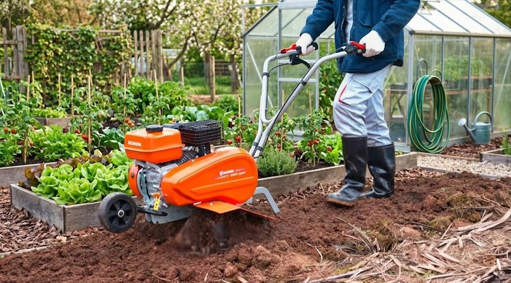 garden tiller preparing soil in vegetable garden