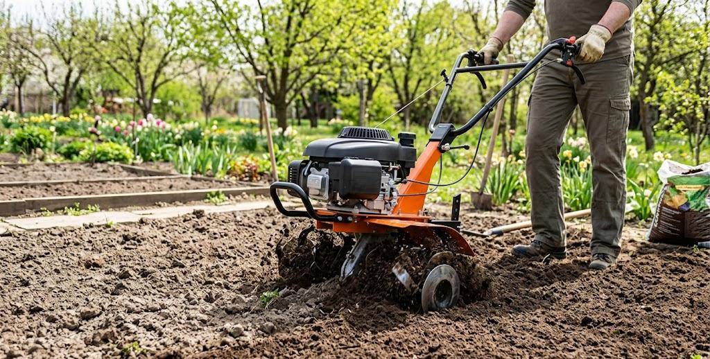spring garden tiller preparing soil before planting