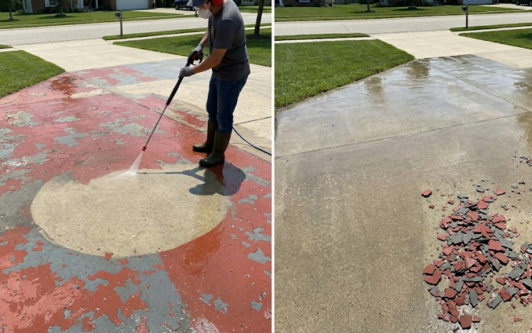 pressure washer paint removal process on concrete surface
