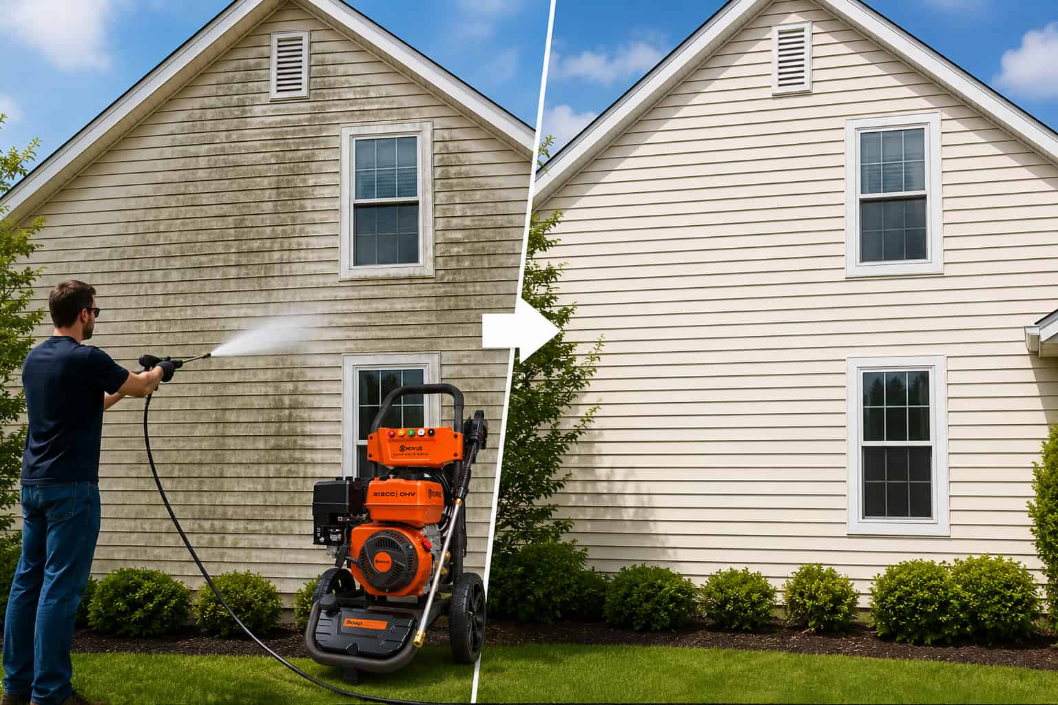 Before and after pressure washing a house exterior — dirty siding restored to clean