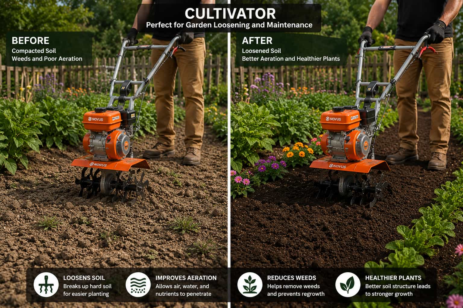 Cultivator is used for loosening soil in gardens; scenes before and after loosening the soil.
