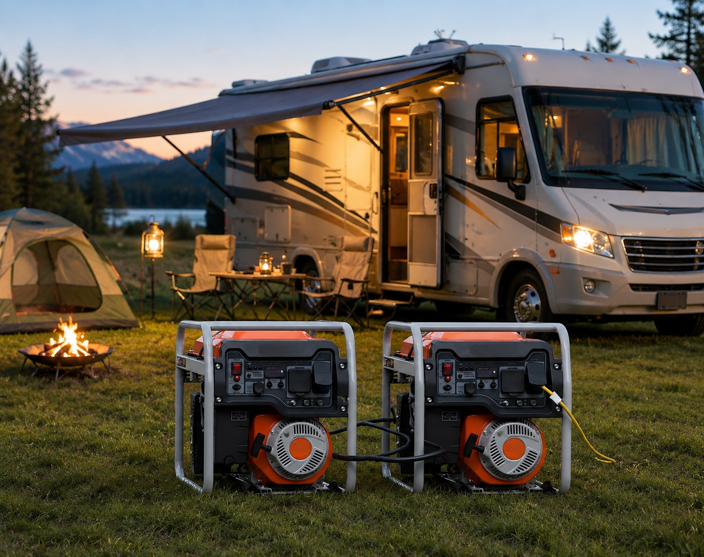Large RVs use Inverter Generators to generate electricity at night.