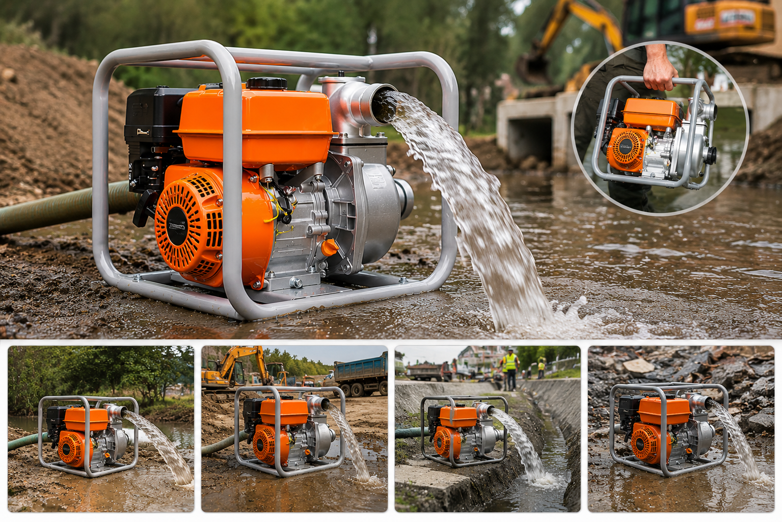 Portable gasoline-powered semi-sludge pump, capable of continuous drainage even without electricity