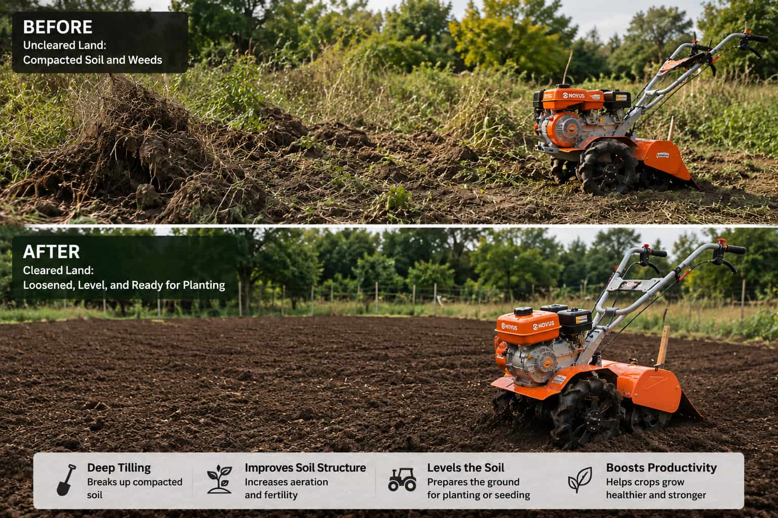 Tillers are used for clearing new land, beforeafter soil preparation.