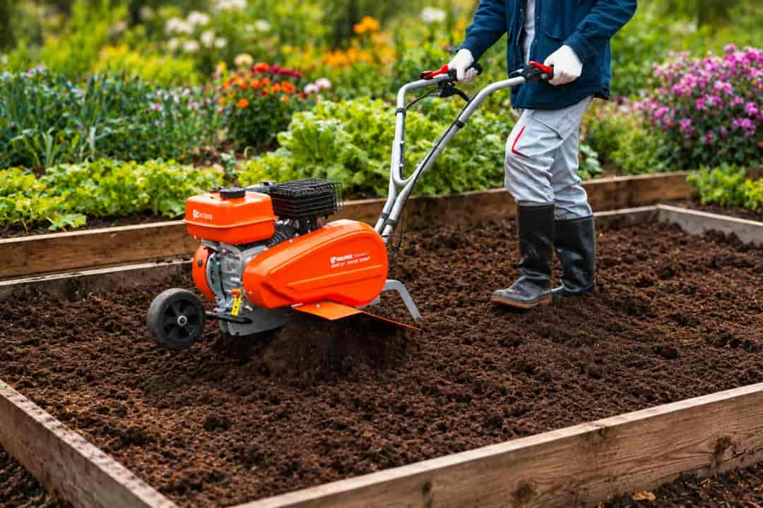 Novus NV17FTG tiller on garden bed