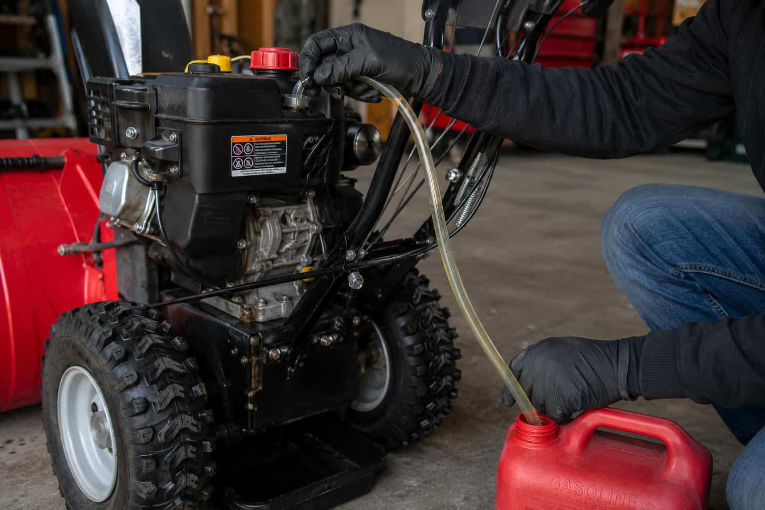 Use a hose to drain the fuel from the snow blower's fuel tank.