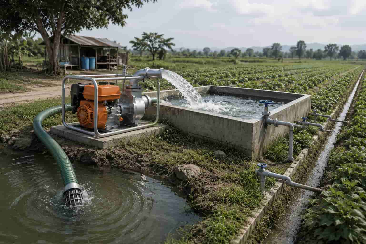 Water pumps draw water from the pond to a reservoir next to the farmland for irrigation.