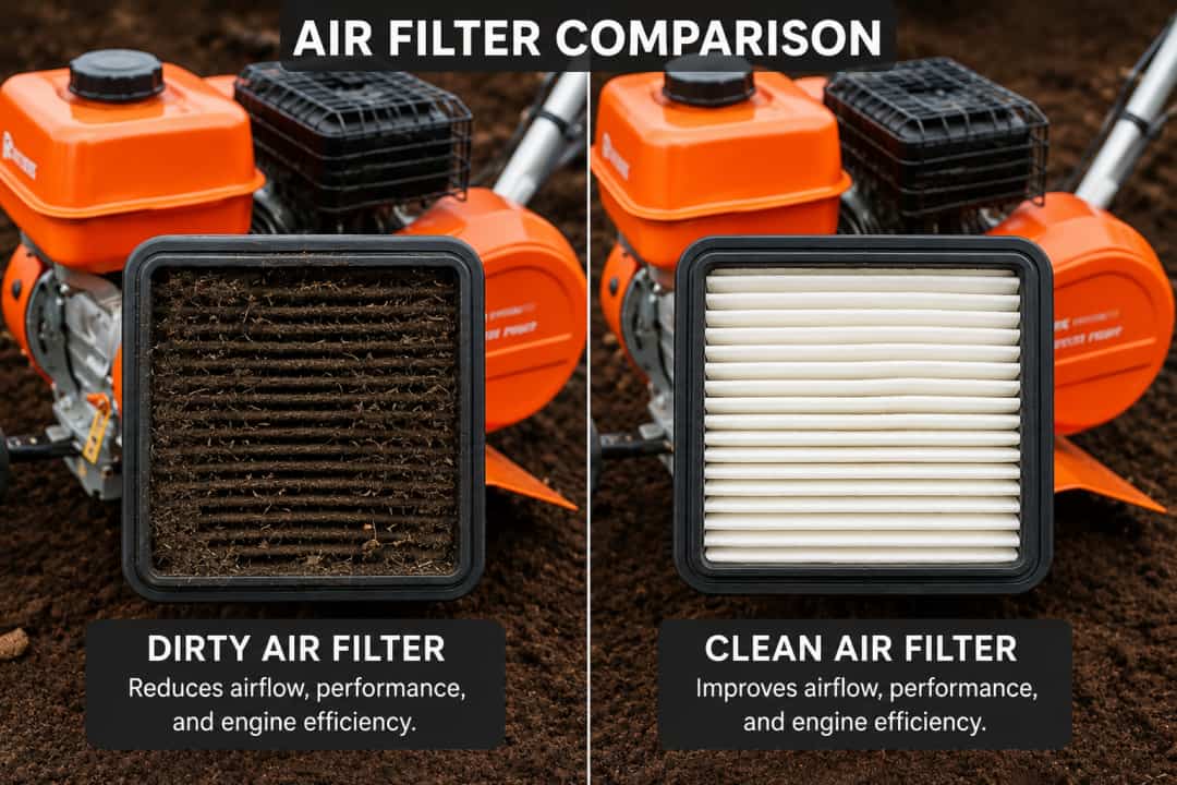 dirty vs clean tiller air filter comparison
