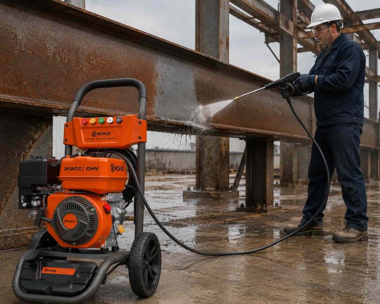 pressure washer removing surface rust from a steel structure