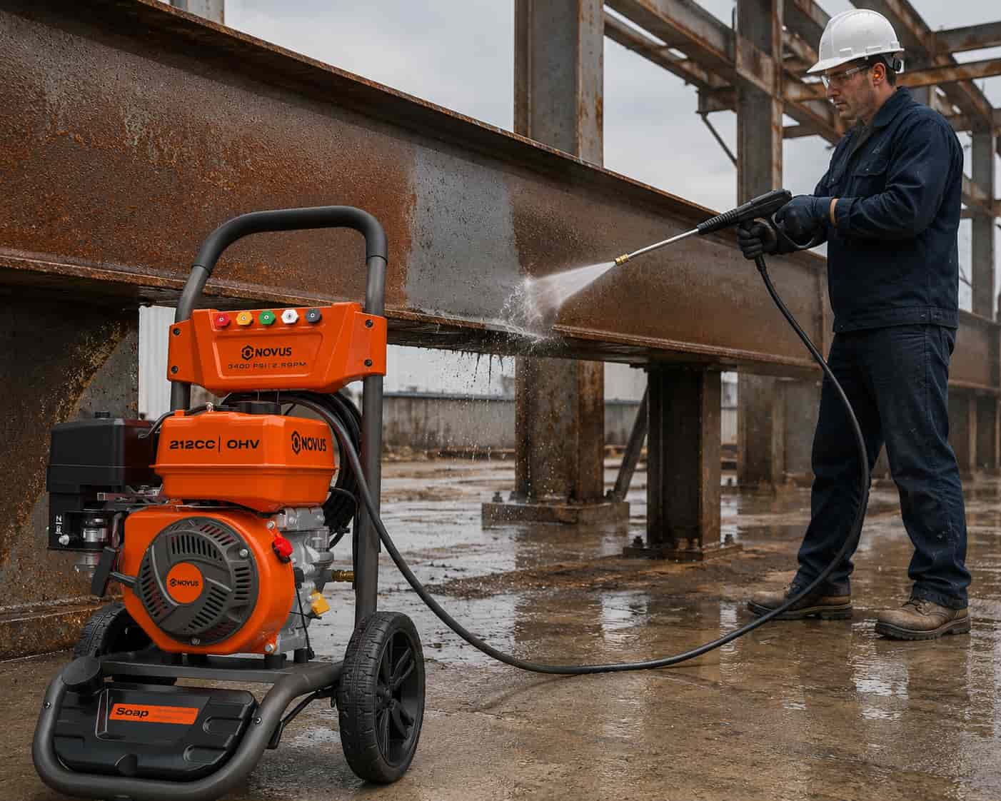 pressure washer removing surface rust from a steel structure