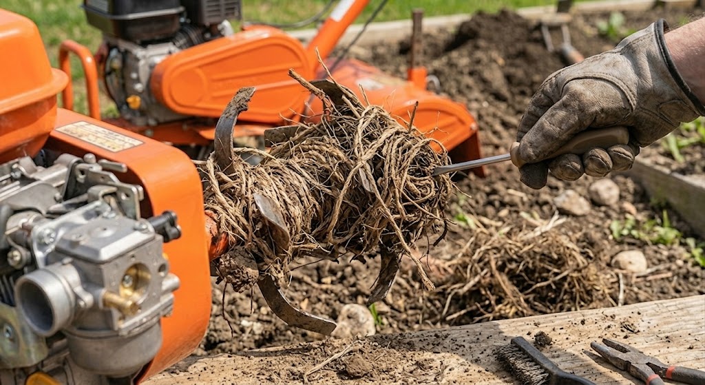 roots and debris wrapped around tiller tines