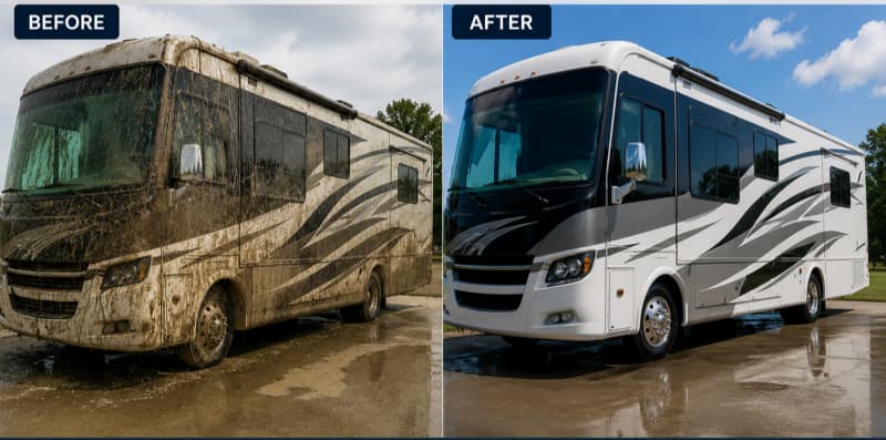 Before and after RV deep cleaning with a gas pressure washer