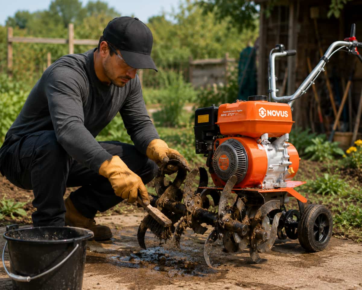 Cleaning soil from tiller tines after use