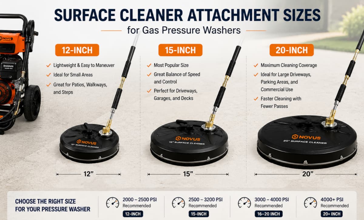 Different surface cleaner attachment sizes for gas pressure washers including 12-inch, 15-inch, and 20-inch models