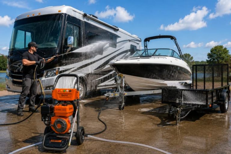Gas pressure washer cleaning an RV, boat and trailer outdoors