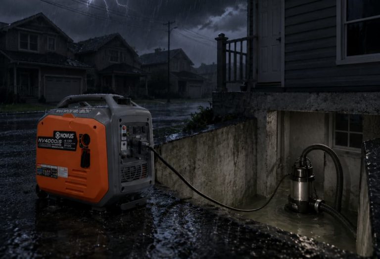Inverter generator powering a sump pump during a power outage