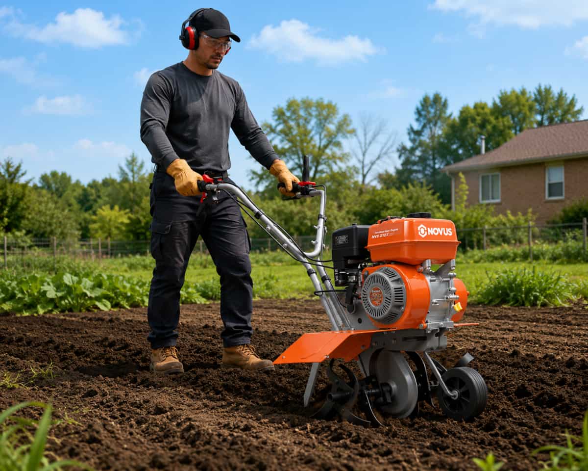 Person wearing proper safety gear while operating a garden tiller