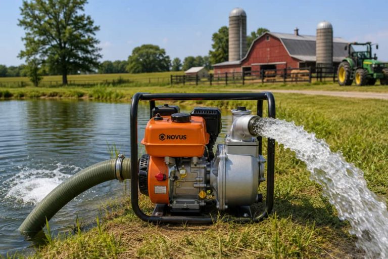 Portable gasoline water pump used for agricultural irrigation on a farm
