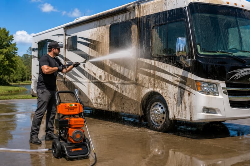 Rinsing loose dirt from an RV with a gas pressure washer