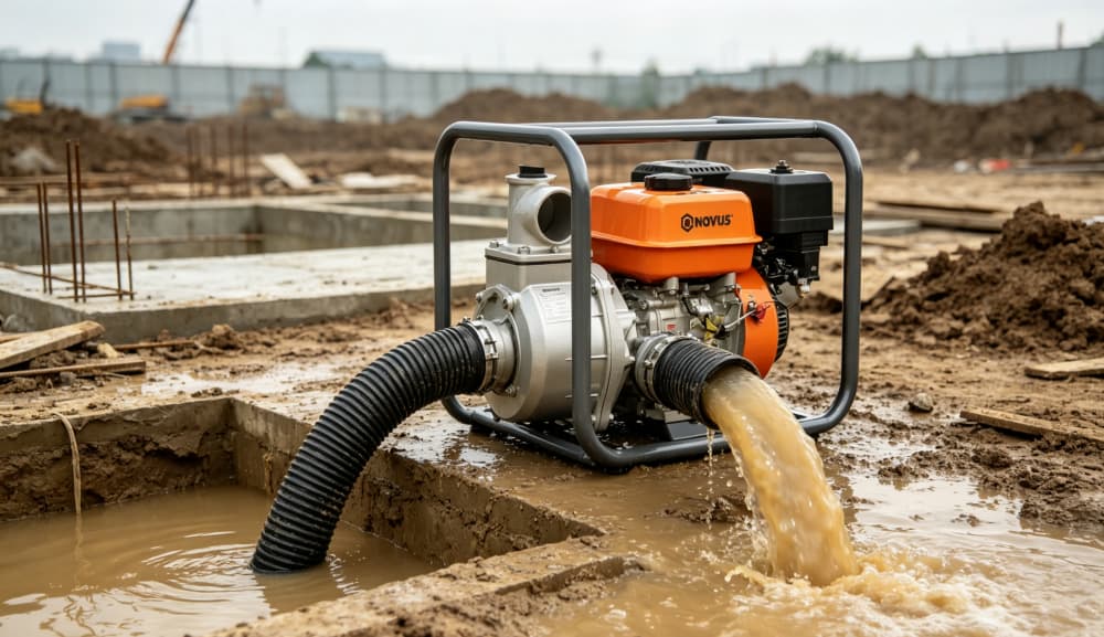 Trash pump removing water from a construction site excavation