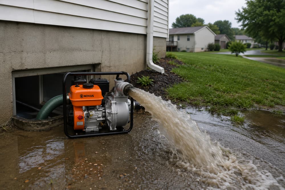 Utility water pump removing floodwater from a residential basement