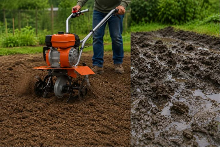 Gardener using a tiller on slightly moist friable soil versus wet compacted ground