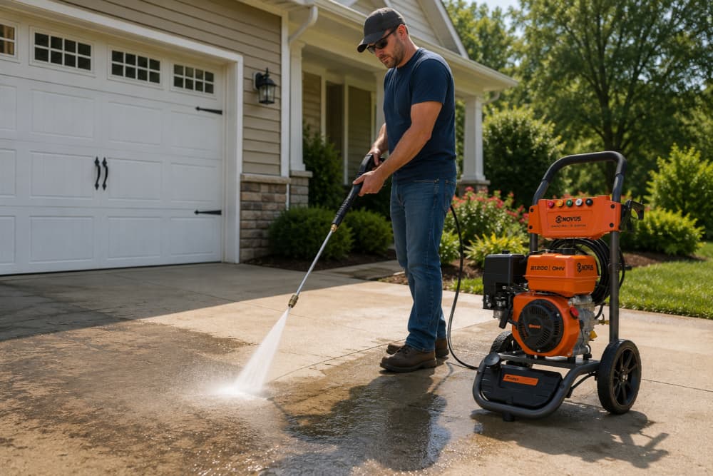 Homeowner using a 3000 PSI pressure washer to remove dirt and stains from a driveway