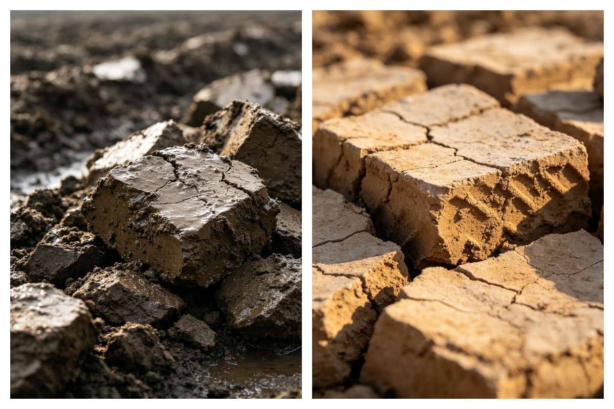 Large, sticky clumps of soil formed after rotary tillage of wet soil harden into brick-like blocks after drying.