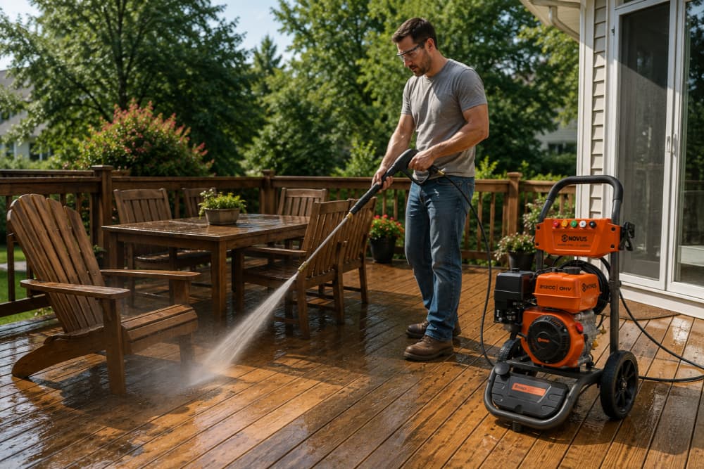 Pressure washing outdoor deck and furniture with novus pressure washer