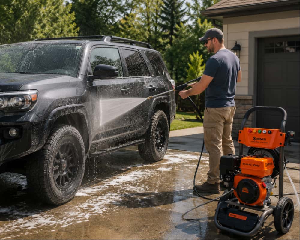 Using novus pressure washer on vehicle with wide-angle nozzle